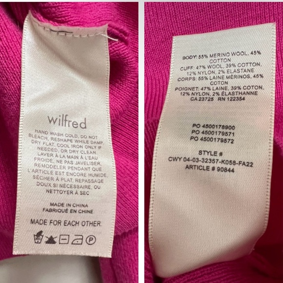 Wilfred Aritzia Rebecca Turtleneck Cropped Sweater Merino Wool Cotton Vital Pink - Picture 5 of 6